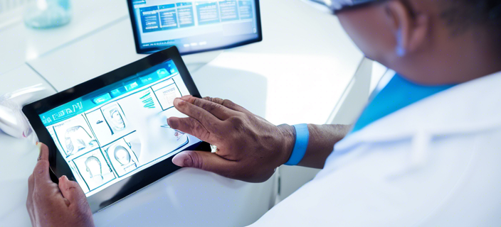 Healthcare provider using a tablet to review AI-generated patient insights